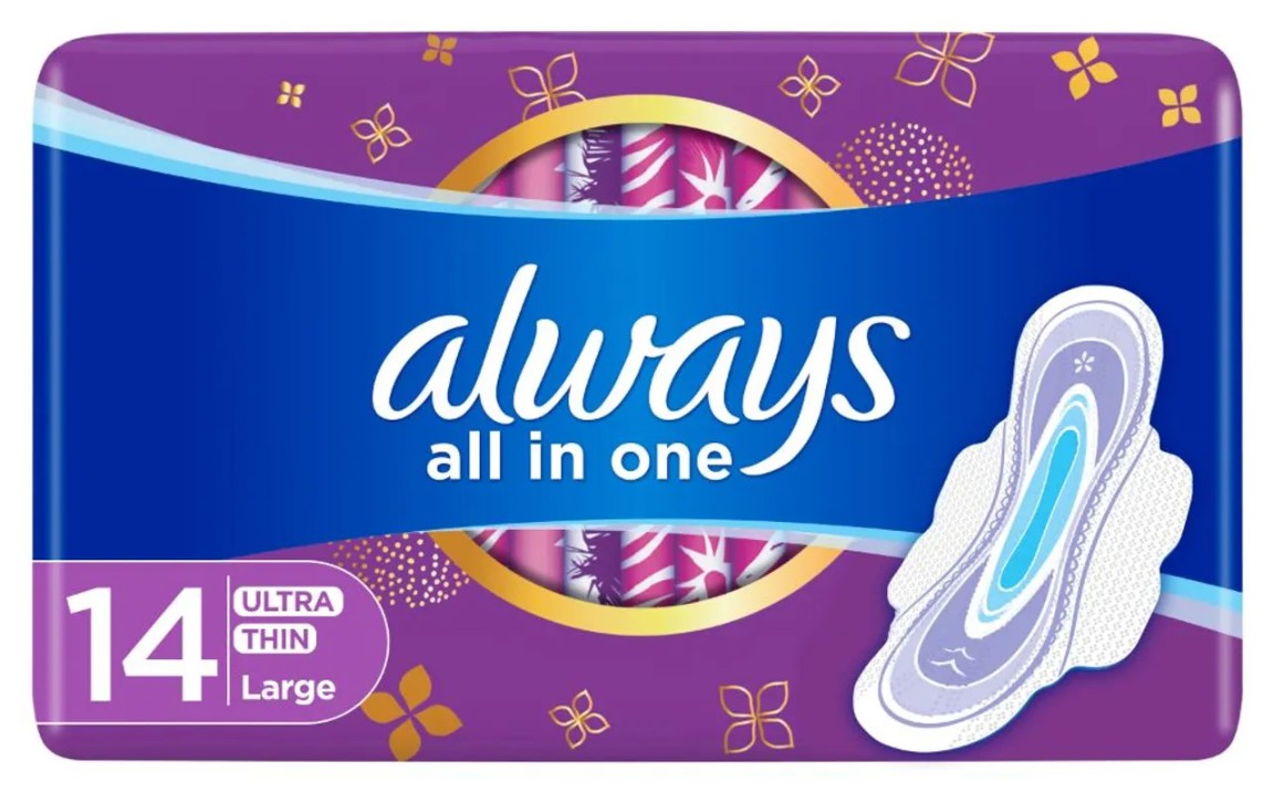 Always All In One Ultra Thin Night Sanitary Pads With Wings 14 Pads