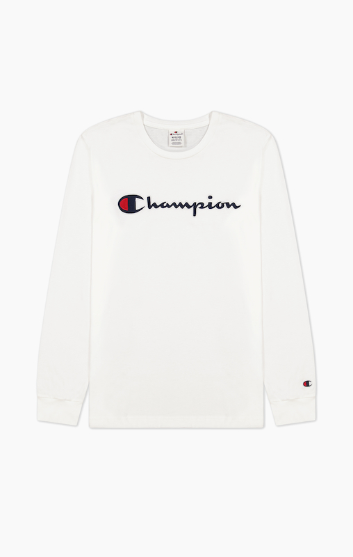 Champion script sleeve hotsell white long sleeve t-shirt