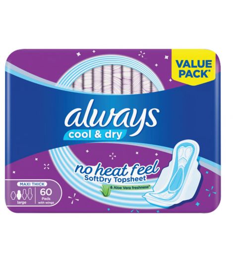 Always Cool & Dry No Heat Feel Maxi Thick Large Sanitary Pads - 60 Pads