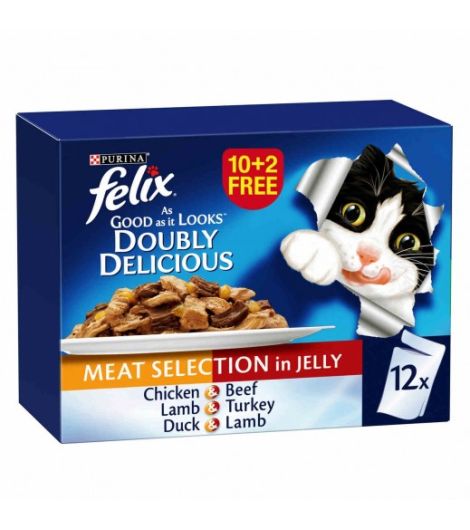 Purina Felix Doubly Delicious Meat Selection in Jelly Cat Food Promo Pack 85 g (10 + 2 Free)