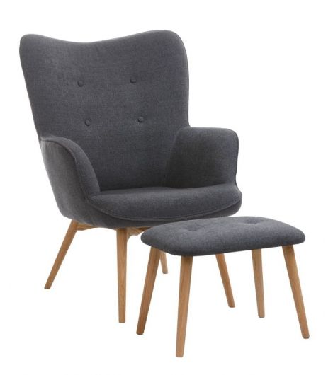 كرسي بمسند ذراع SKALBORG dark مع مسند قدم - نسيج رمادي /مظهر بلوط