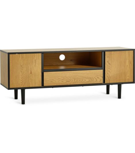 طاولة تليفزيون منخفضة ODENSE ببابين ودرج - مظهر البلوط/أسود