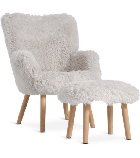 كرسي بمسند ذراع مع مسند قدم HVILSTED - نسيج تدي أبيض مصفر/بيج