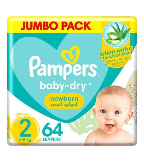 Pampers Baby-Dry Newborn Diapers with Aloe Vera Lotion, Size 2, 3-8 kg, Jumbo Pack, 64 Diapers