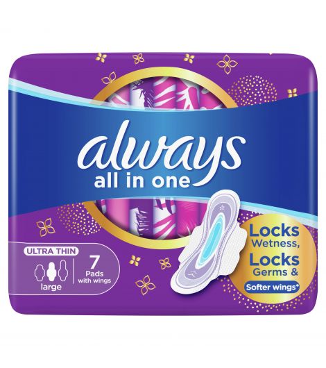 Always All in one Ultra Thin, Large sanitary pads with wings, 7 ct