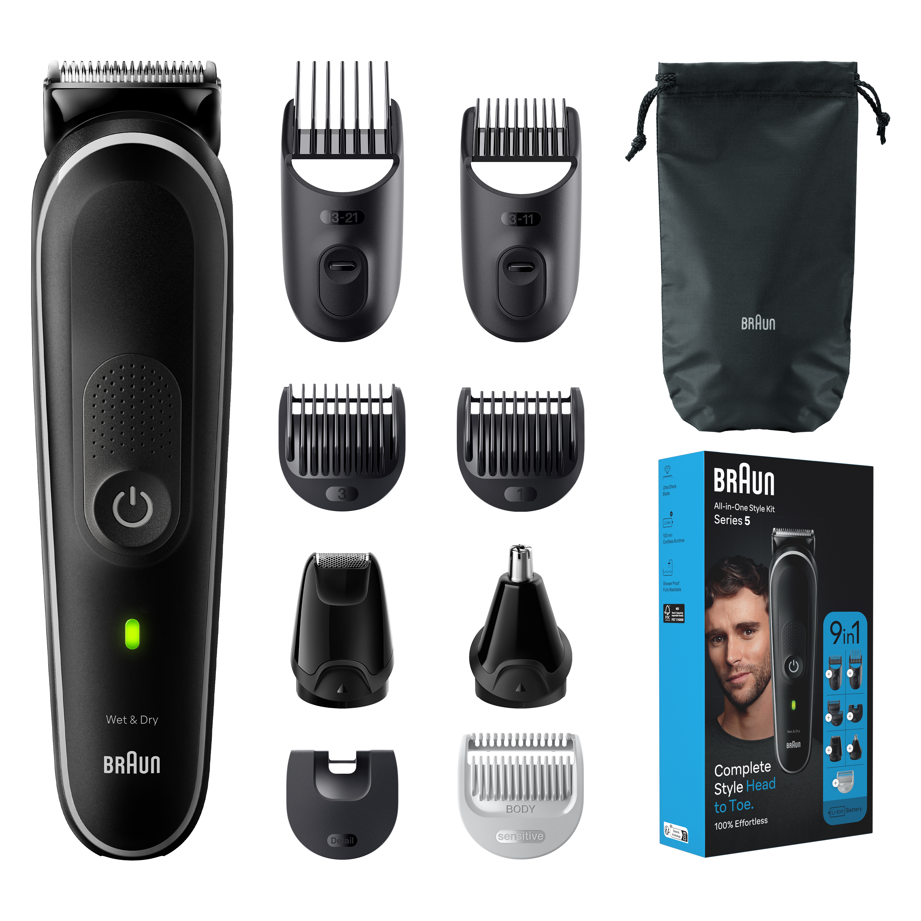 9-in-1 Style Kit 5 MGK5420 beard, body, ear&nose. With 100-min runtime, pouch, grey