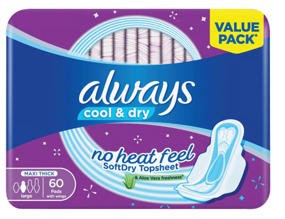 Always Cool & Dry No Heat Feel Maxi Thick Large Sanitary Pads - 60 Pads