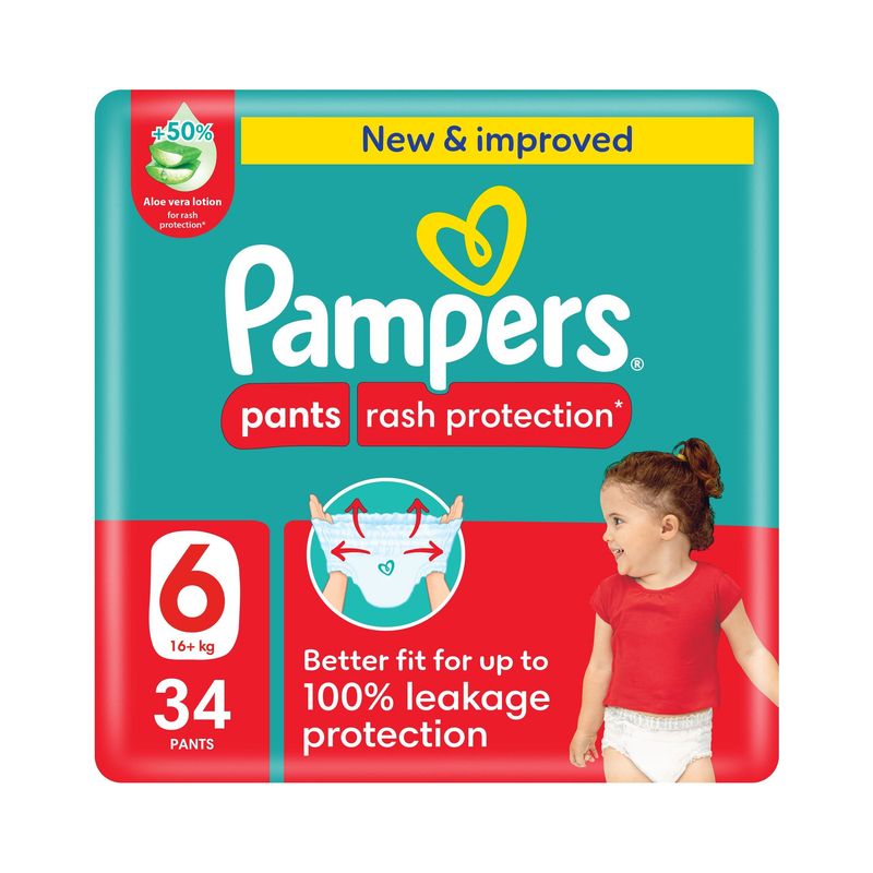 Pampers Rash Protection Pants Diapers, Size 6, 16-21kg, Mega Pack, 34 Count