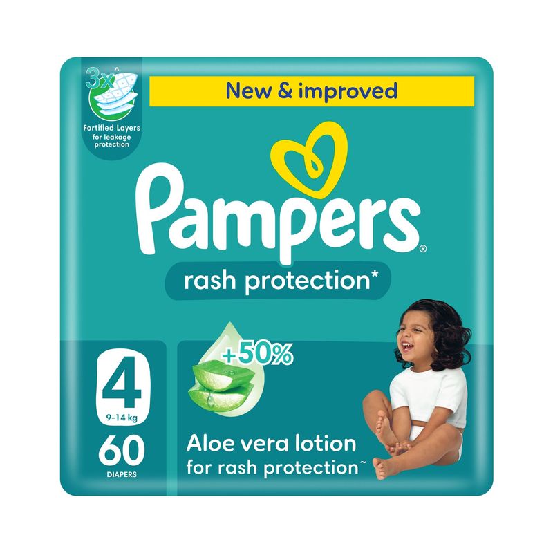 Pampers Rash Protection Taped Diapers, Size 4, 9-14kg, Mega Pack, 60 Count