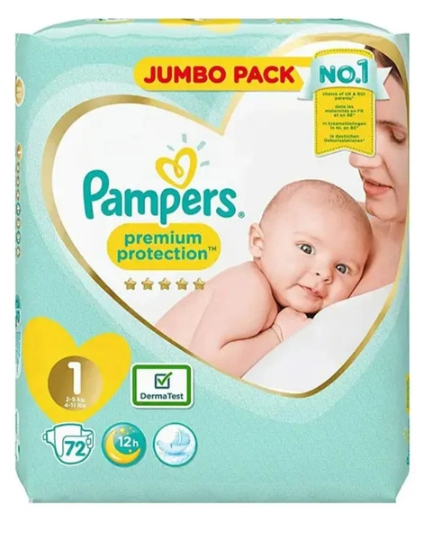 Pampers Premium Protection Diapers Size 1 (2-5 Kg) Jumbo Pack 72 Pieces