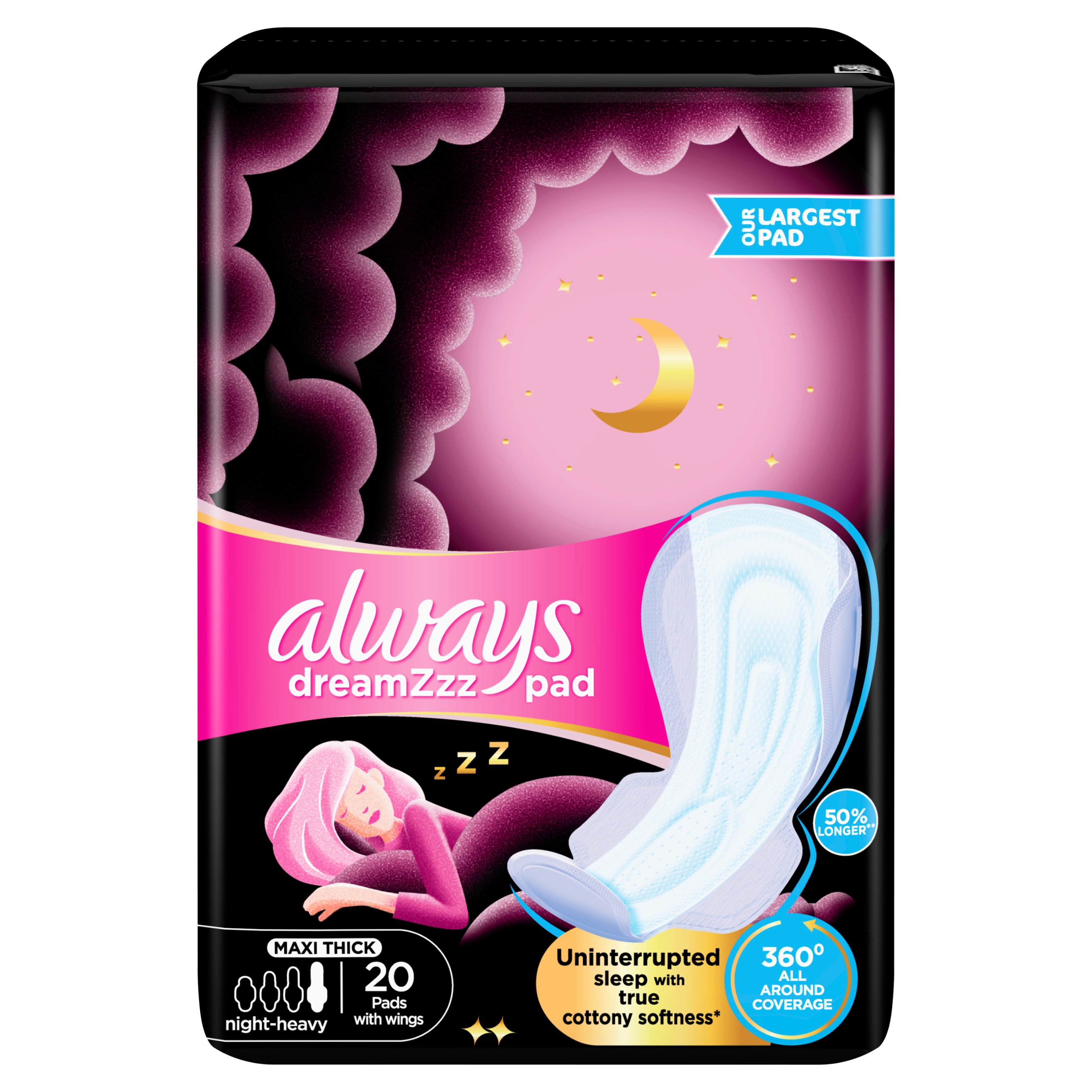 Always dreamzzz Cotton Soft Maxi Thick Night Long Pads 20 Pieces