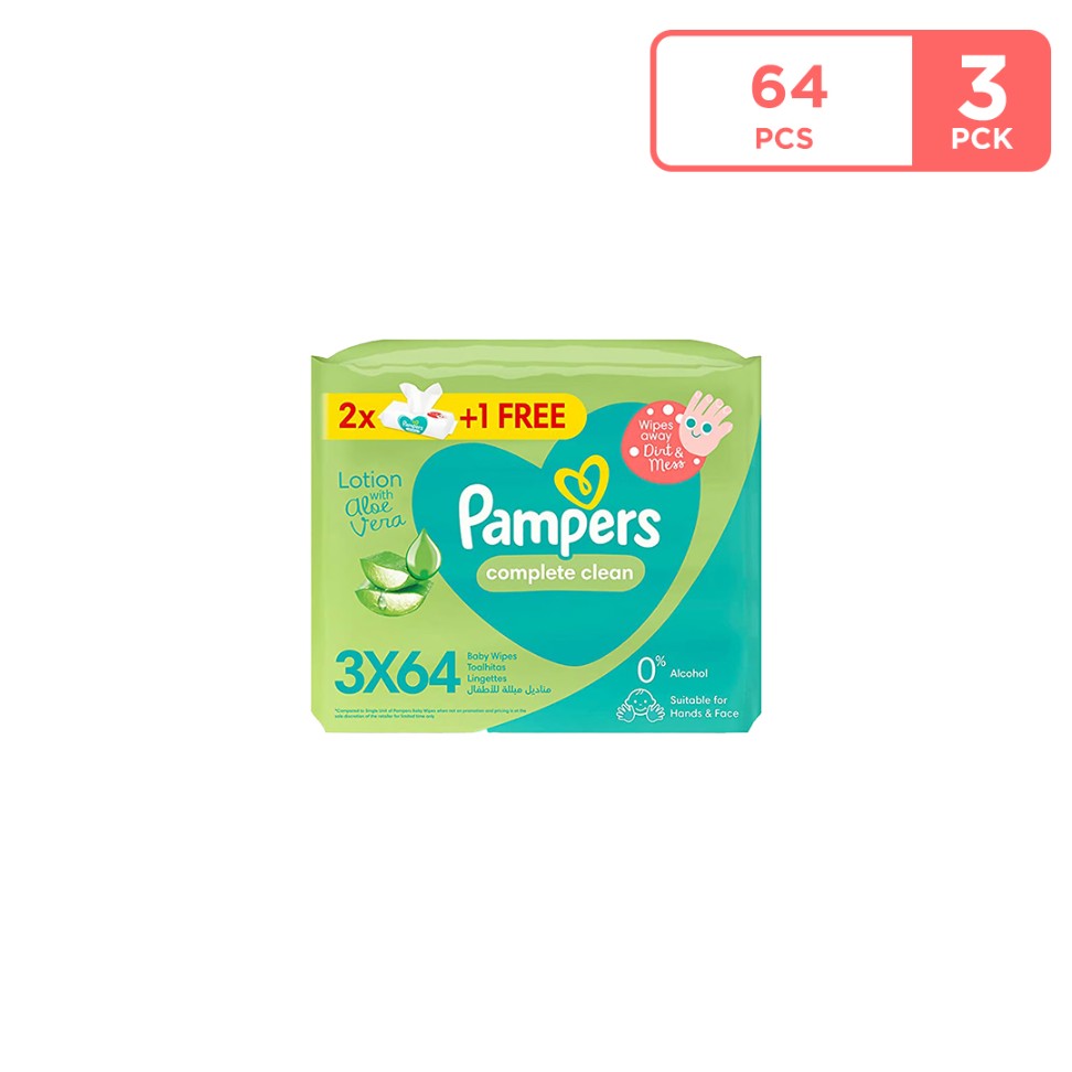 Pampers Complete Clean Baby Wipes With Aloe Vera Lotion - 3 x 64 wipes