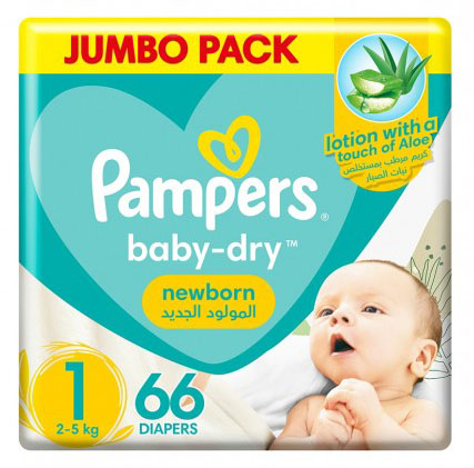 Pampers Baby-Dry Newborn Diapers with Aloe Vera Lotion, Size 1, 2-5 kg, Jumbo Pack, 66 Diapers